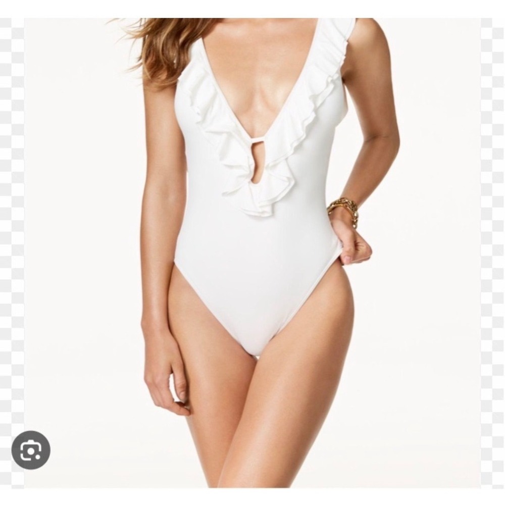 Michael Kors Solid Deep Plunging V-Neck One-Piece Swimsuit Women 6 White NEW